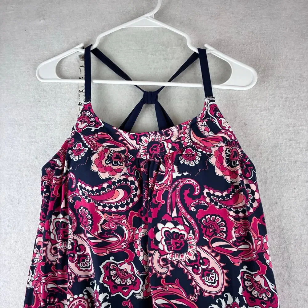 Lands End Tankini Swimsuit Top Women’s 8 Long Tall Pink Paisley Navy Blue Surf